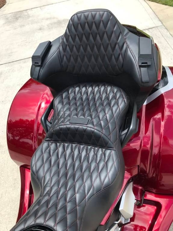 Custom quilted passenger backrest on the trike