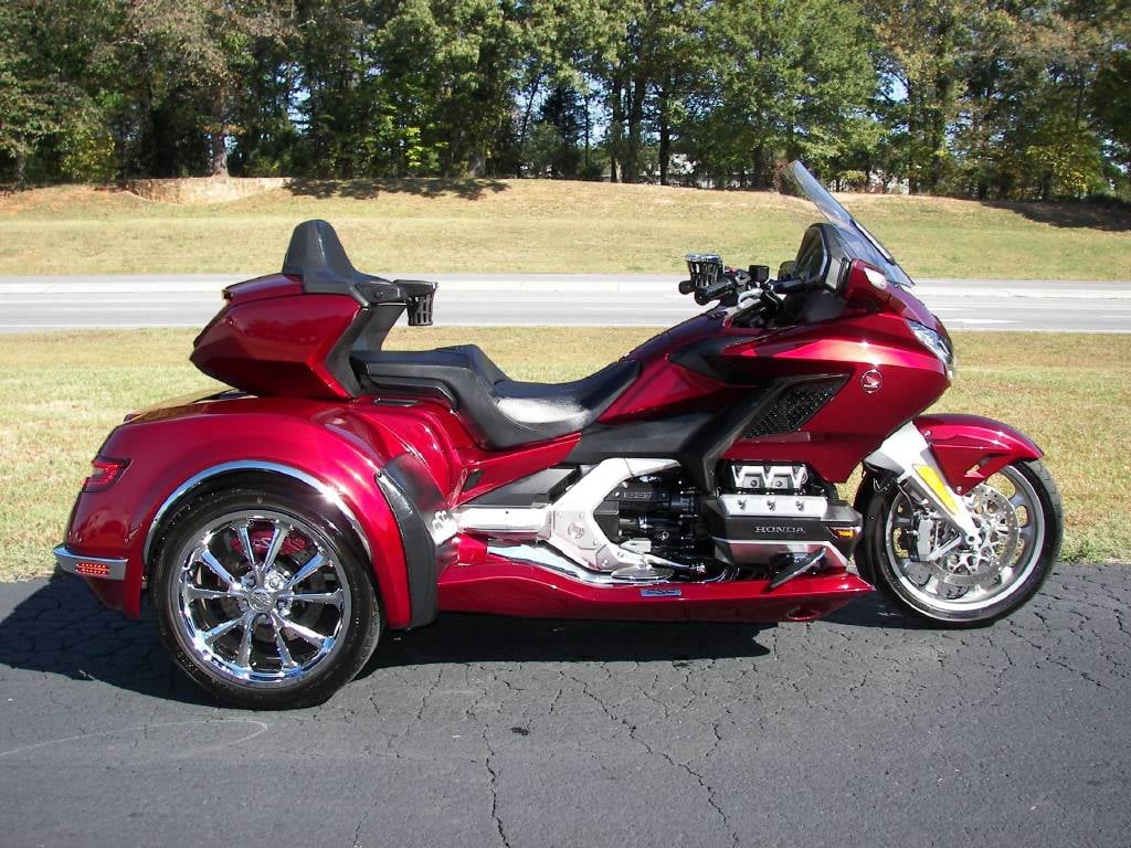 2018 Honda GoldWing Tour DCT with CSC Encore trike kit in red — front three-quarter view